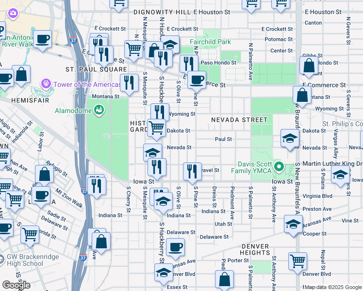 map of restaurants, bars, coffee shops, grocery stores, and more near 432 South Olive Street in San Antonio