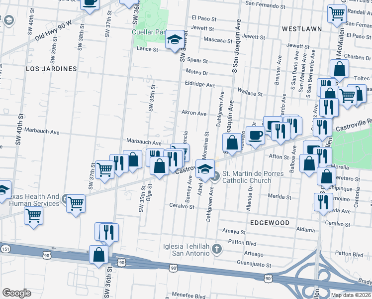 map of restaurants, bars, coffee shops, grocery stores, and more near 1530 Valencia in San Antonio