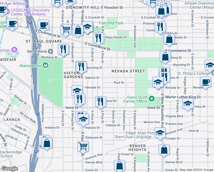 map of restaurants, bars, coffee shops, grocery stores, and more near 130 Paul Street in San Antonio