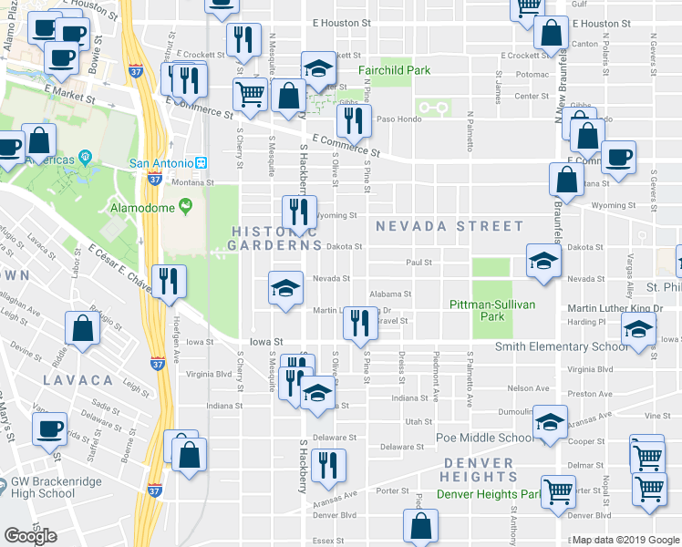 map of restaurants, bars, coffee shops, grocery stores, and more near 423 South Olive Street in San Antonio