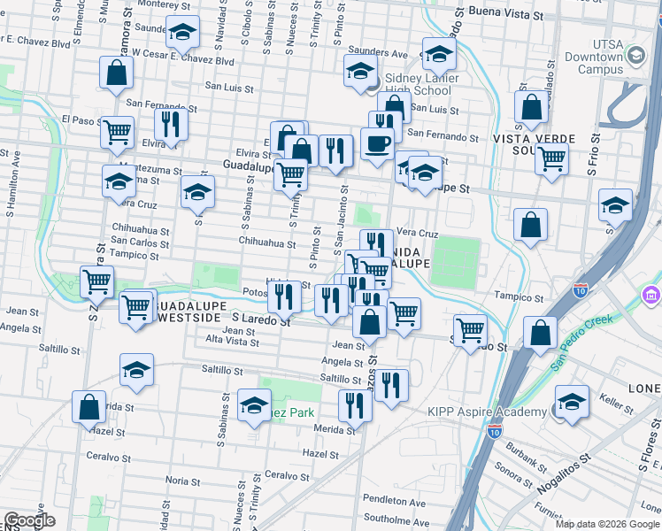 map of restaurants, bars, coffee shops, grocery stores, and more near 125 San Carlos Street in San Antonio