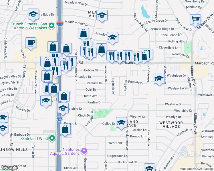 map of restaurants, bars, coffee shops, grocery stores, and more near 7806 Remuda Drive in San Antonio