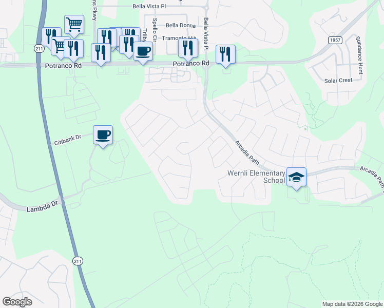 map of restaurants, bars, coffee shops, grocery stores, and more near 14007 Laurel Branch in San Antonio