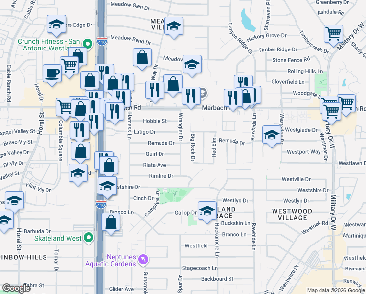 map of restaurants, bars, coffee shops, grocery stores, and more near 7806 Remuda Drive in San Antonio