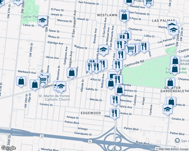 map of restaurants, bars, coffee shops, grocery stores, and more near 1412 Castroville Road in San Antonio