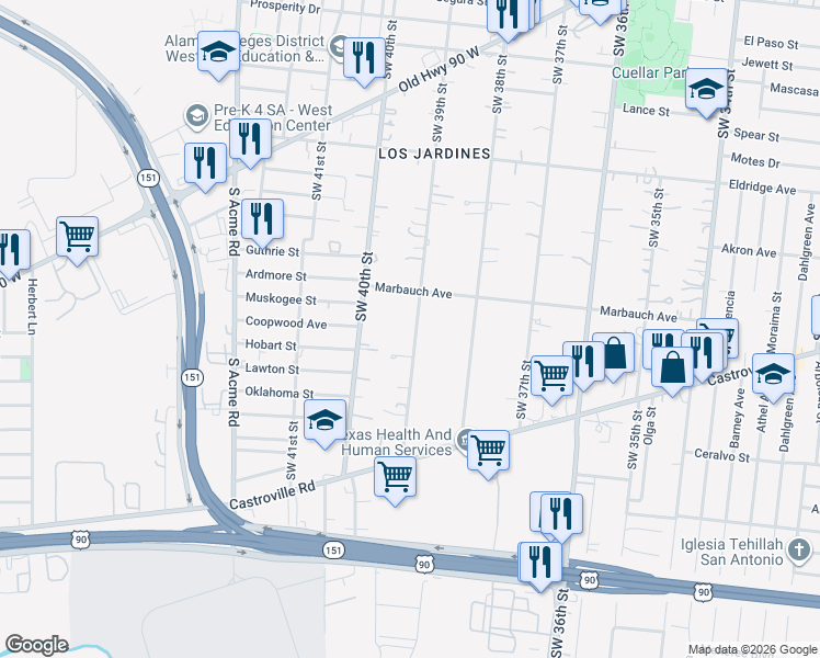 map of restaurants, bars, coffee shops, grocery stores, and more near 935 Southwest 39th Street in San Antonio