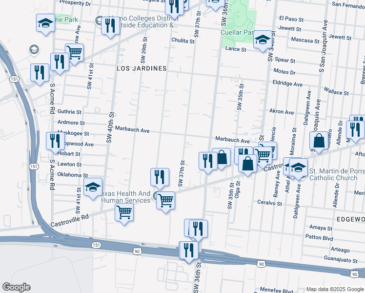 map of restaurants, bars, coffee shops, grocery stores, and more near 923 Southwest 37th Street in San Antonio