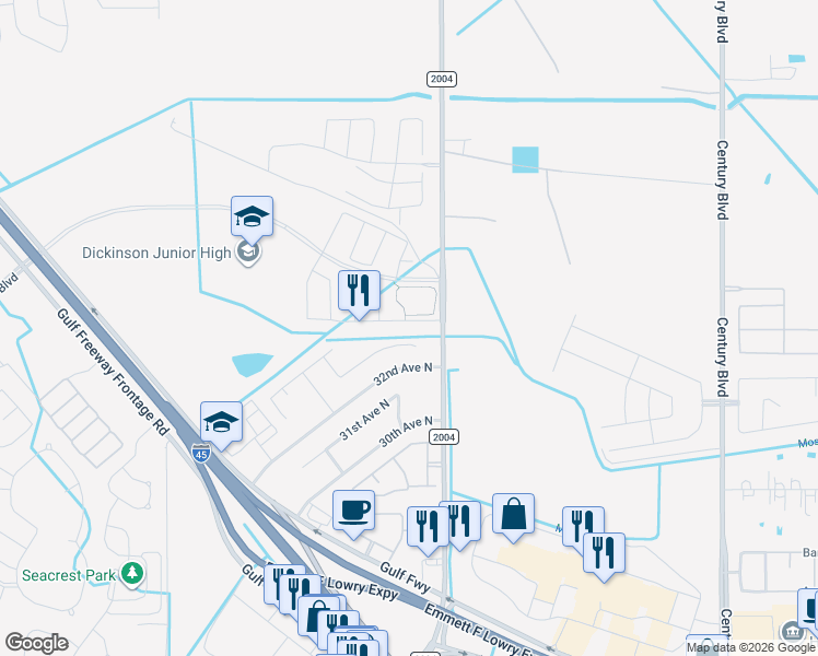map of restaurants, bars, coffee shops, grocery stores, and more near 10801 Groveshire Drive in Texas City