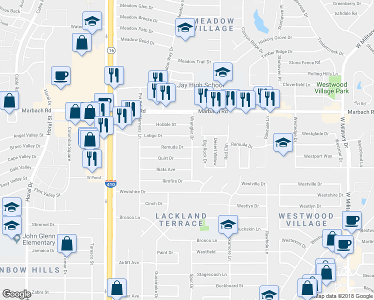 map of restaurants, bars, coffee shops, grocery stores, and more near 7806 Remuda Drive in San Antonio
