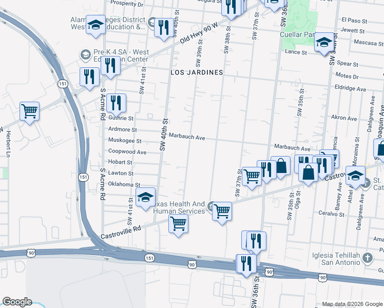 map of restaurants, bars, coffee shops, grocery stores, and more near 934 Southwest 39th Street in San Antonio