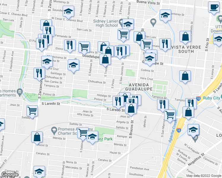 map of restaurants, bars, coffee shops, grocery stores, and more near 302 San Carlos St in San Antonio