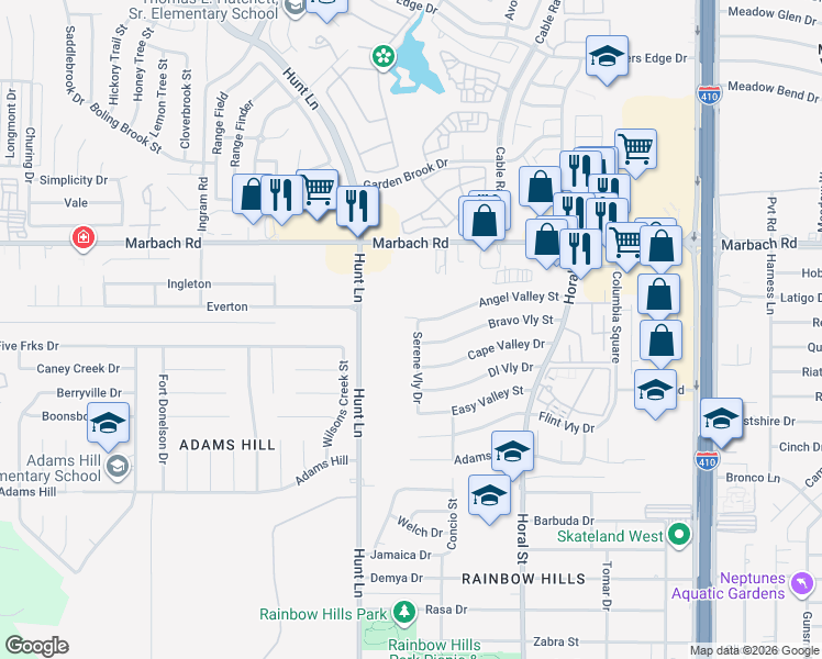 map of restaurants, bars, coffee shops, grocery stores, and more near 1807 Serene Valley Street in San Antonio