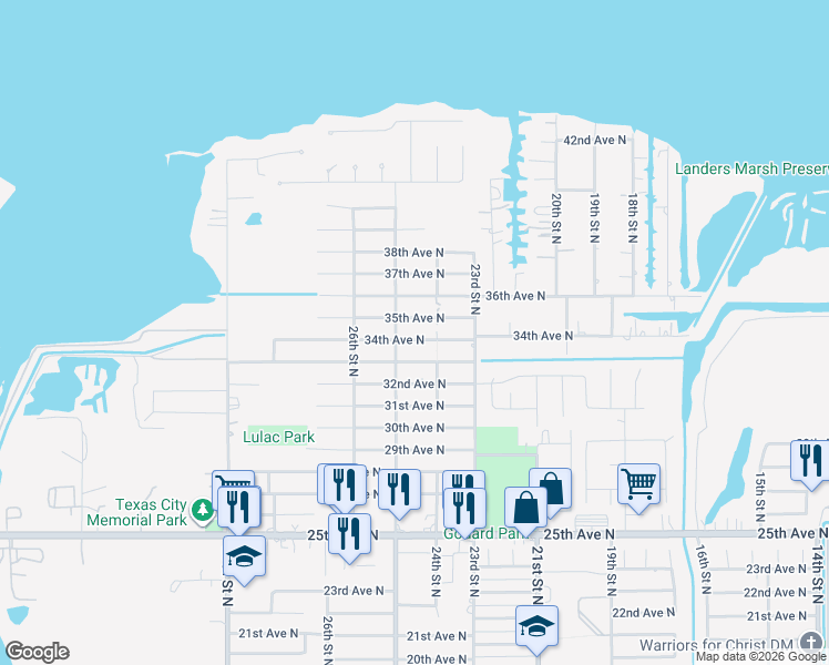 map of restaurants, bars, coffee shops, grocery stores, and more near 3402 North Logan Street in Texas City