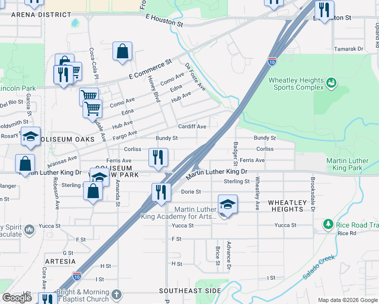 map of restaurants, bars, coffee shops, grocery stores, and more near 346 Corliss in San Antonio