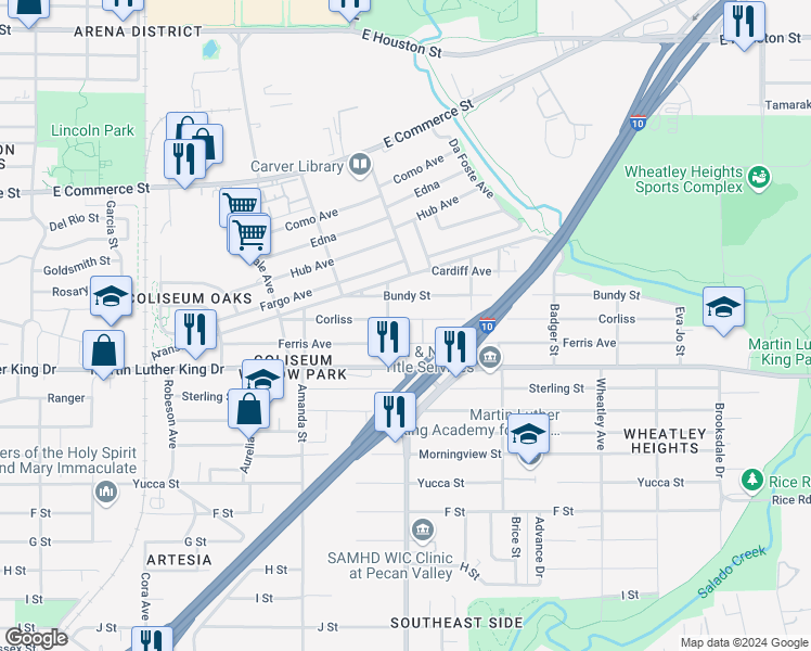 map of restaurants, bars, coffee shops, grocery stores, and more near 310 Corliss in San Antonio