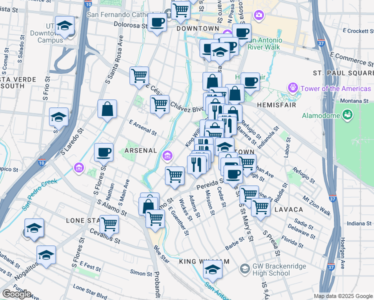 map of restaurants, bars, coffee shops, grocery stores, and more near 309 King William Street in San Antonio