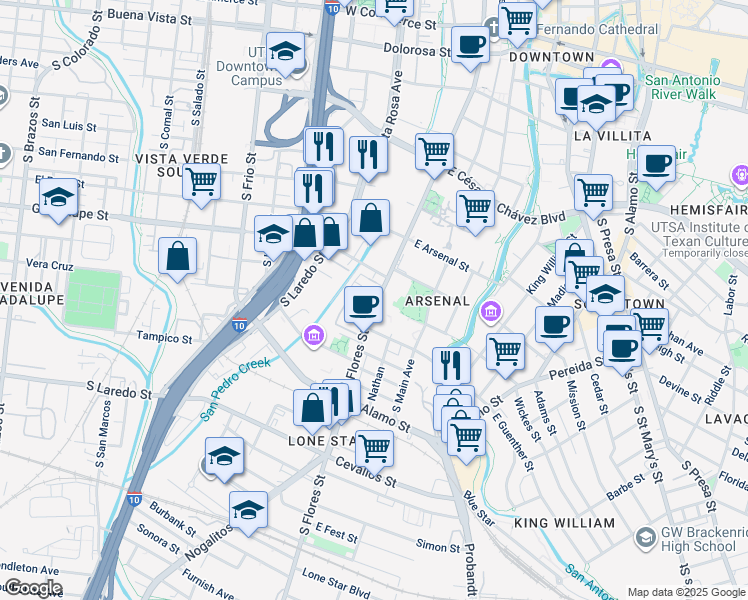 map of restaurants, bars, coffee shops, grocery stores, and more near in San Antonio
