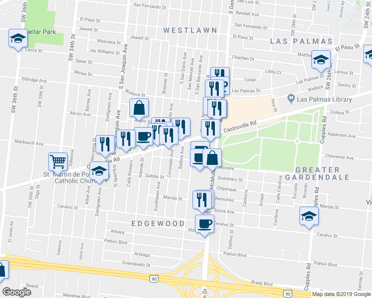 map of restaurants, bars, coffee shops, grocery stores, and more near 106 Balboa Avenue in San Antonio