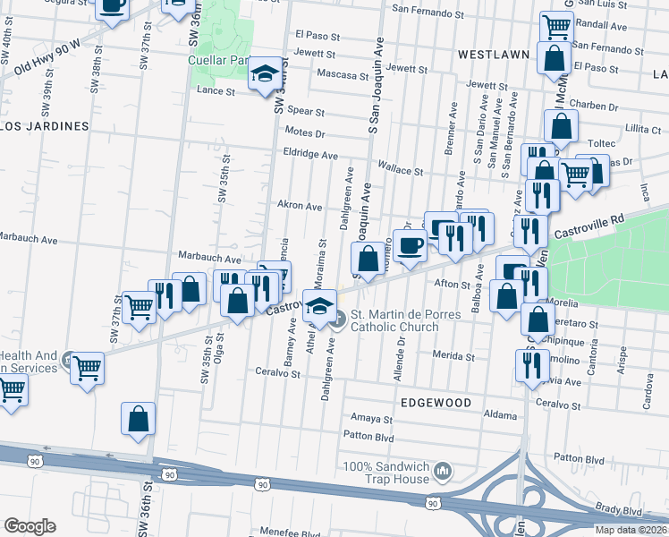 map of restaurants, bars, coffee shops, grocery stores, and more near in San Antonio