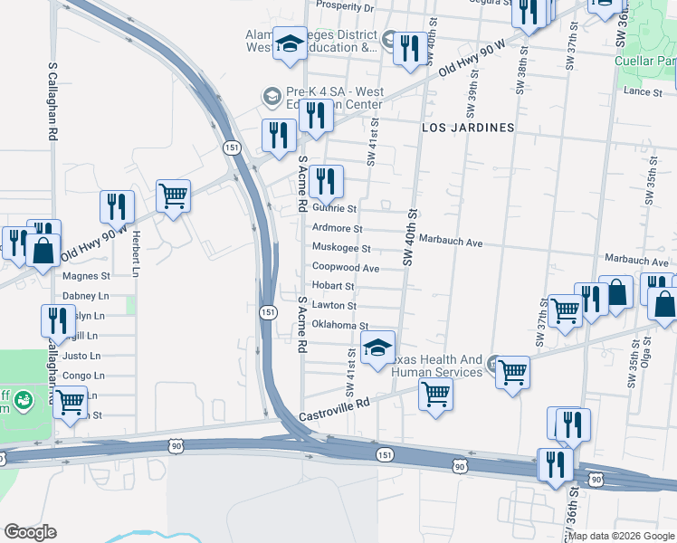 map of restaurants, bars, coffee shops, grocery stores, and more near 218 Coopwood Avenue in San Antonio