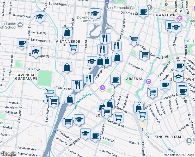 map of restaurants, bars, coffee shops, grocery stores, and more near 1100 South Laredo Street in San Antonio