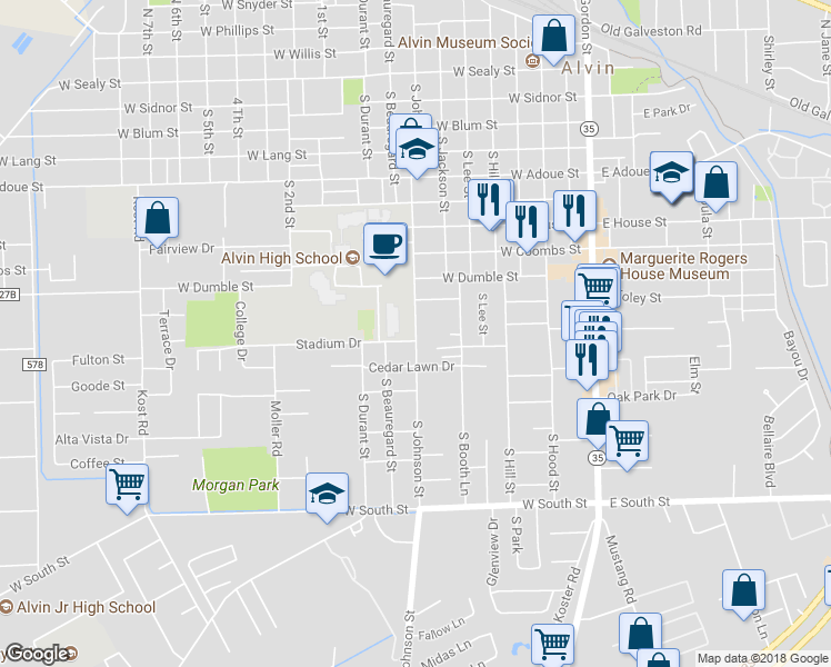 map of restaurants, bars, coffee shops, grocery stores, and more near 1101 South Johnson Street in Alvin