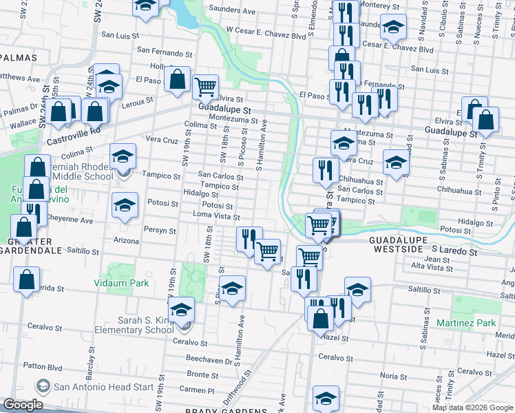 map of restaurants, bars, coffee shops, grocery stores, and more near 20 South Hamilton Avenue in San Antonio