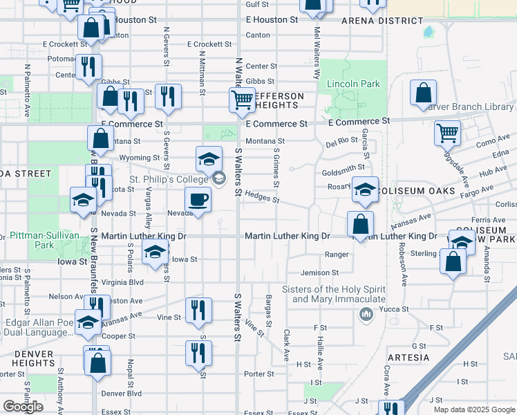 map of restaurants, bars, coffee shops, grocery stores, and more near 130 Stella Street in San Antonio