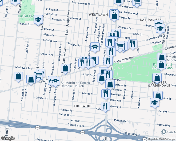 map of restaurants, bars, coffee shops, grocery stores, and more near 1406 Castroville Road in San Antonio