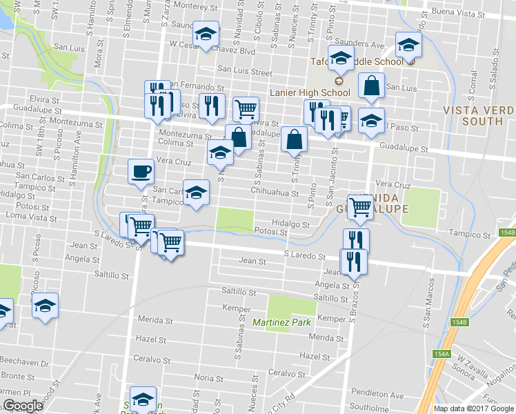 map of restaurants, bars, coffee shops, grocery stores, and more near 1423 Tampico Street in San Antonio
