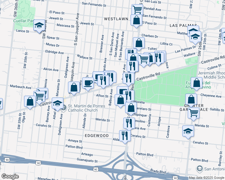 map of restaurants, bars, coffee shops, grocery stores, and more near 106 Balboa Avenue in San Antonio