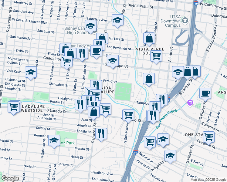 map of restaurants, bars, coffee shops, grocery stores, and more near 622 Chihuahua Street in San Antonio