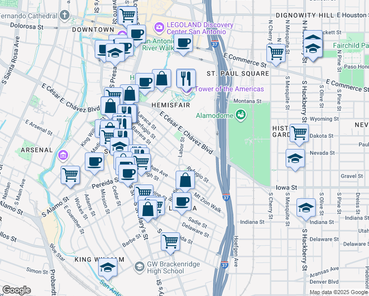 map of restaurants, bars, coffee shops, grocery stores, and more near 700 Lavaca Street in San Antonio