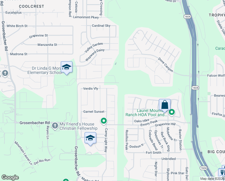 map of restaurants, bars, coffee shops, grocery stores, and more near 11510 Verdis Valley in San Antonio