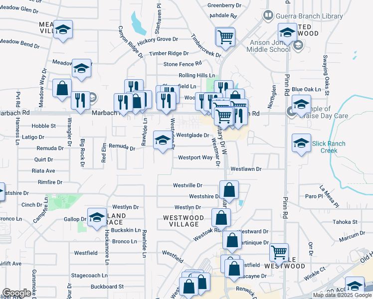 map of restaurants, bars, coffee shops, grocery stores, and more near 7214 Remuda Drive in San Antonio