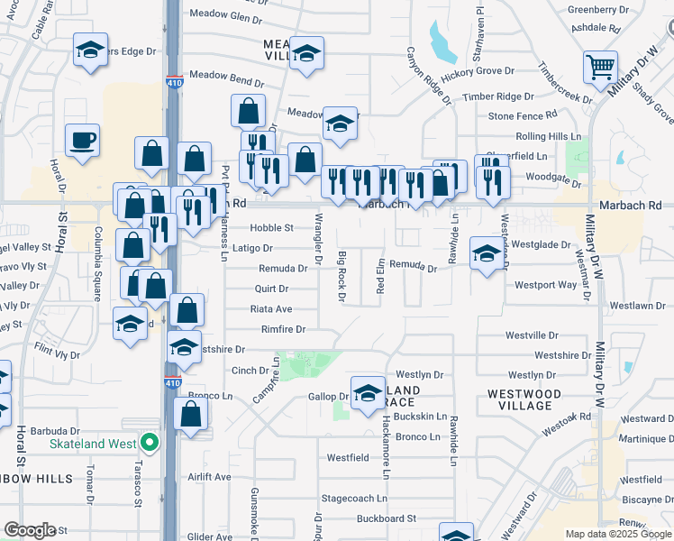 map of restaurants, bars, coffee shops, grocery stores, and more near 1803 Big Rock Drive in San Antonio