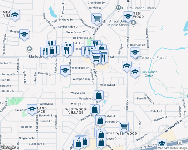 map of restaurants, bars, coffee shops, grocery stores, and more near 1726 Westmar Drive in San Antonio