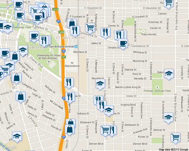 map of restaurants, bars, coffee shops, grocery stores, and more near 523 S Mesquite St in San Antonio
