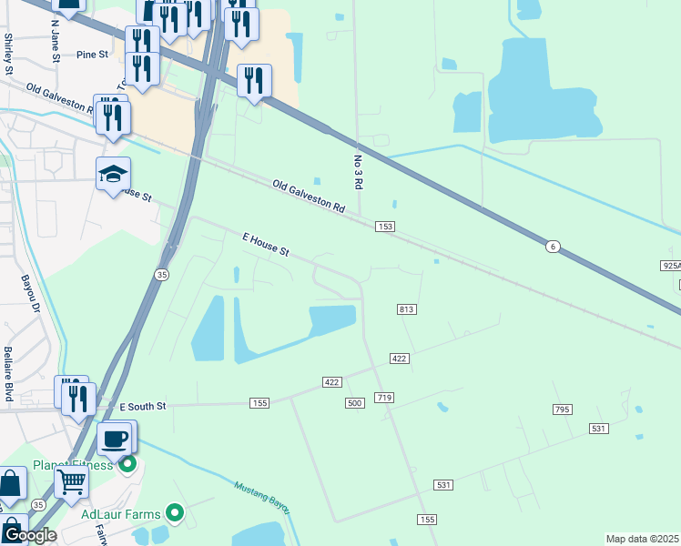 map of restaurants, bars, coffee shops, grocery stores, and more near 2005 County Road 719 in Alvin
