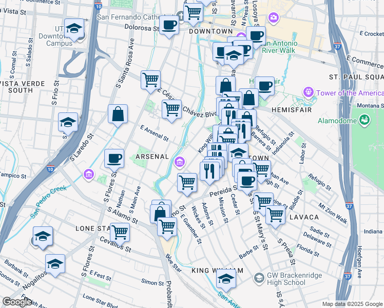 map of restaurants, bars, coffee shops, grocery stores, and more near 309 King William Street in San Antonio