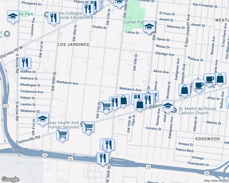 map of restaurants, bars, coffee shops, grocery stores, and more near 909 Southwest 36th Street in San Antonio
