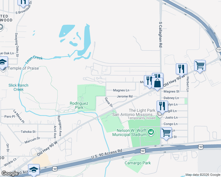map of restaurants, bars, coffee shops, grocery stores, and more near 5927 Magnes Lane in San Antonio