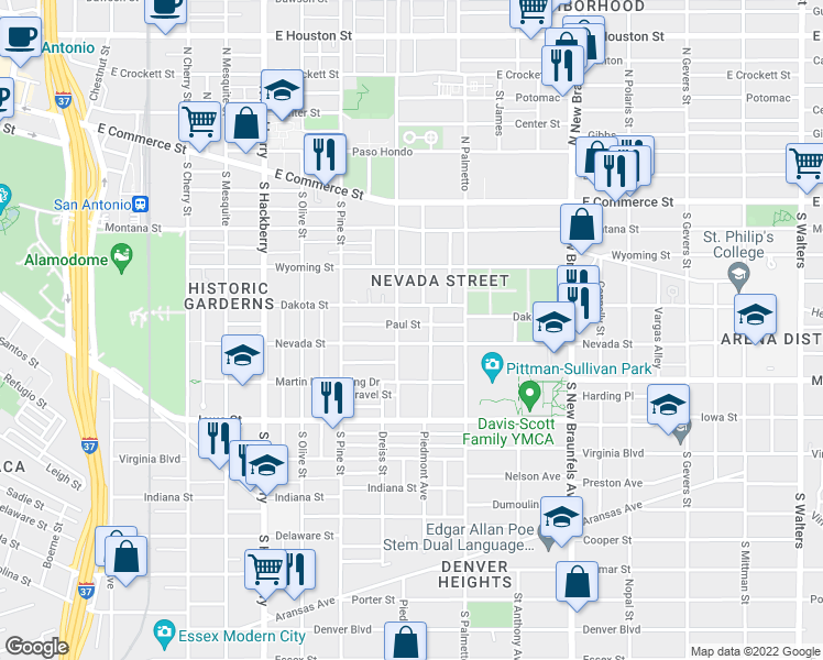 map of restaurants, bars, coffee shops, grocery stores, and more near 210 Paul Street in San Antonio