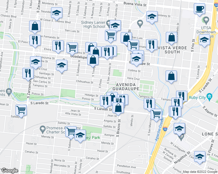 map of restaurants, bars, coffee shops, grocery stores, and more near 125 San Carlos Street in San Antonio