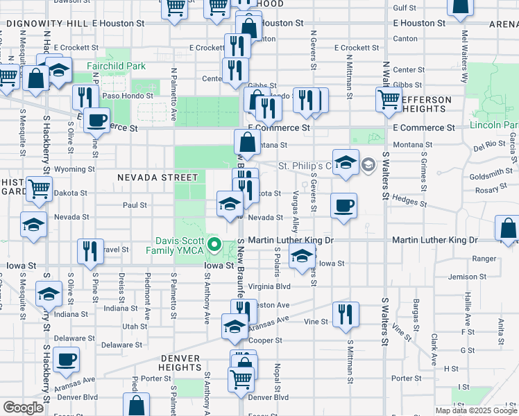 map of restaurants, bars, coffee shops, grocery stores, and more near 222 Connelly Street in San Antonio