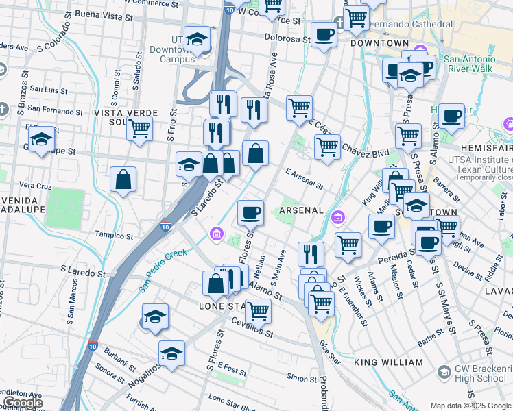 map of restaurants, bars, coffee shops, grocery stores, and more near in San Antonio