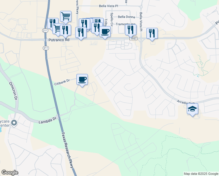 map of restaurants, bars, coffee shops, grocery stores, and more near 14115 Knob Creek in San Antonio