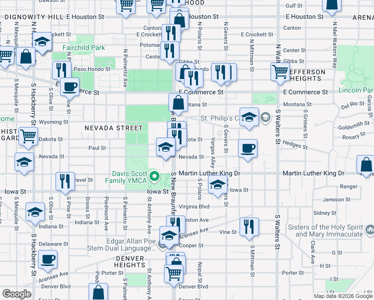 map of restaurants, bars, coffee shops, grocery stores, and more near 222 Connelly Street in San Antonio