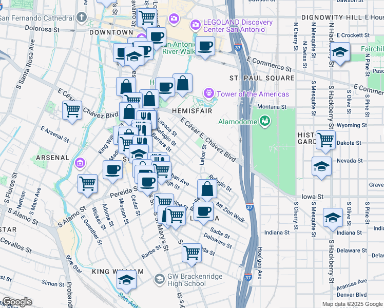 map of restaurants, bars, coffee shops, grocery stores, and more near 314 Refugio Street in San Antonio