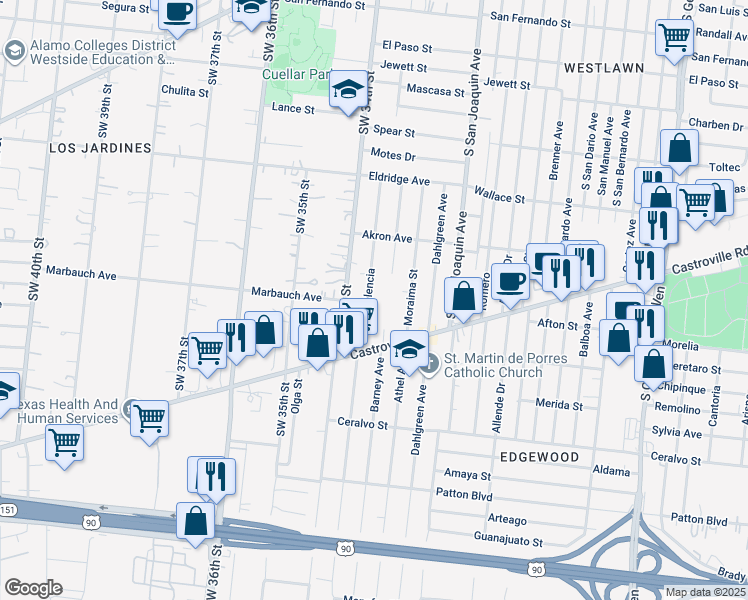map of restaurants, bars, coffee shops, grocery stores, and more near 1530 Valencia in San Antonio